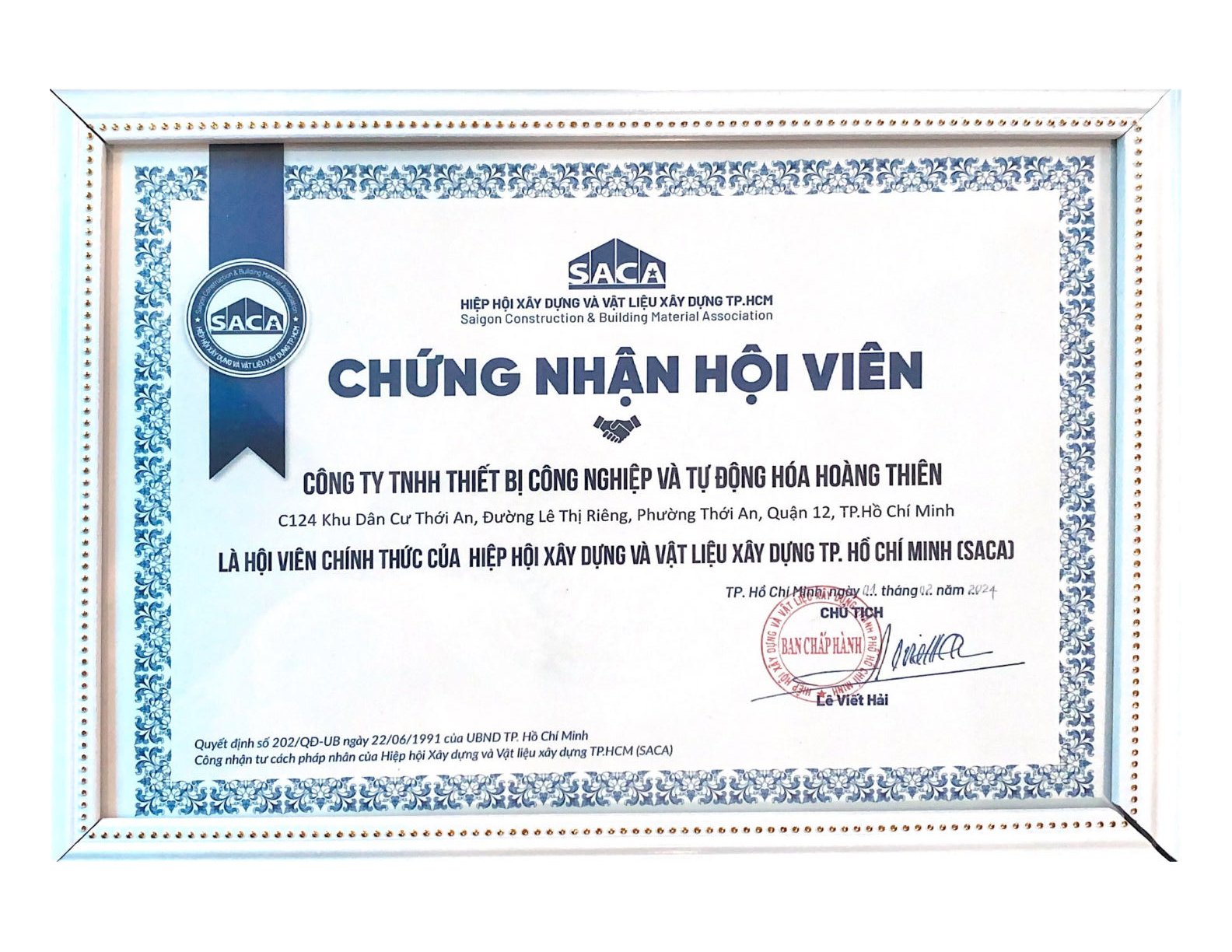 chứng nhận hội viên saca